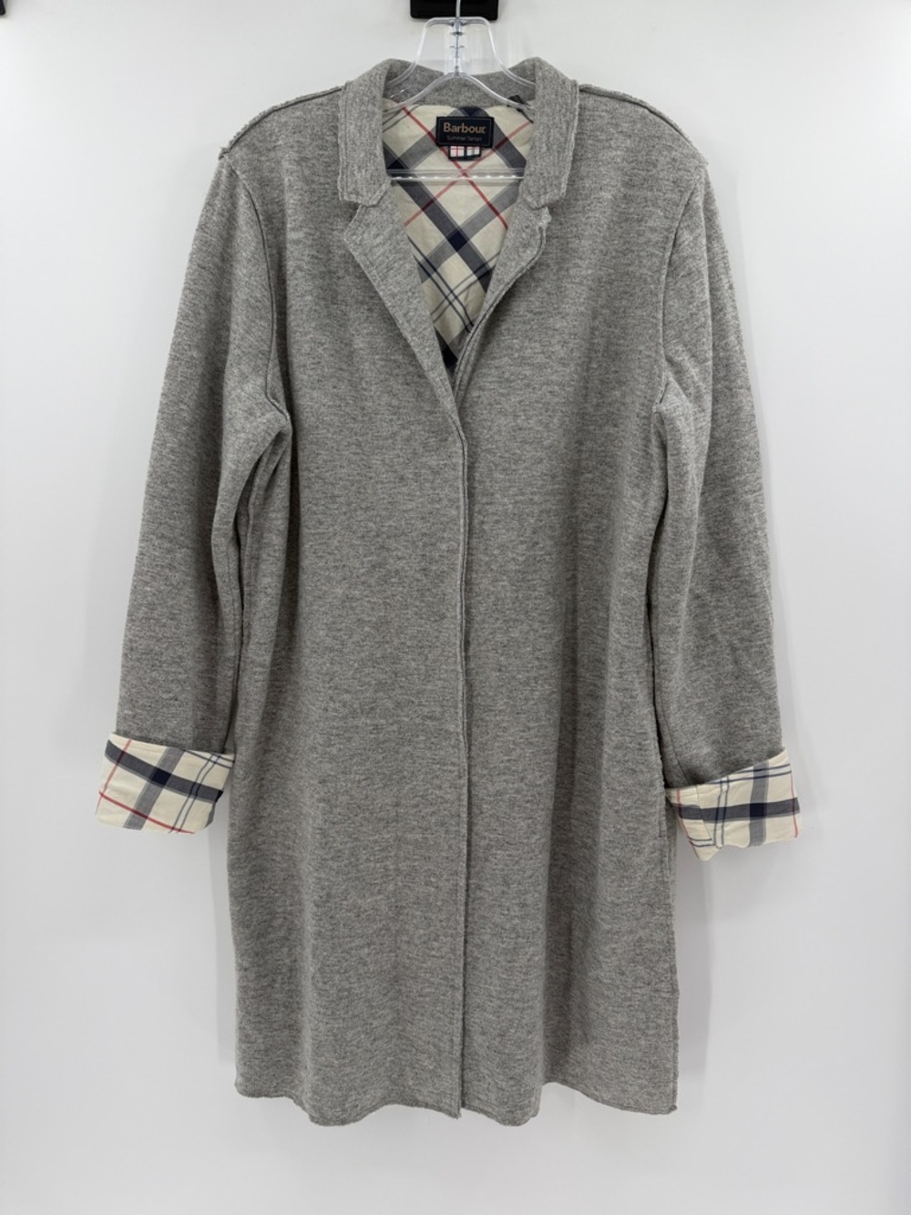 Barbour Gray Long Wool-Blend Coat with Plaid Trim